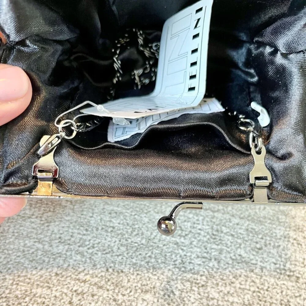 Carlo Fellini Black Formal Evening Bag Detailed Beadwork Clutch w  Chain NWT - Picture 10 of 12